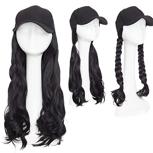 Hat Hair Extension Baseball Cap With Hair Curly Long Wavy Corn Wave Hairpiece With Baseball Hat Attached Adjustable Cap Synthetic Yaki Hair for girls and women (16”-Curly, Black)