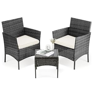 Sweetcrispy Patio Furniture Set 3 Pieces, Outdoor Furniture with Soft Cushion and Glass Table, All Weather Manual Weaving Wicker Rattan Patio Chairs for Garden, Terrace, Porch, Lawns, Black