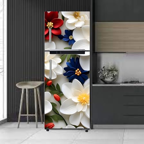 Image of DesignDecor Vinyl 3D Flower Fridge Sticker, 24x60 cm, Marble Texture, Double Door Refrigerator (White)