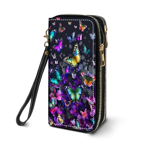 FVAENDHIO Women's Large Capacity Wallet PU Leather Double Zipper Clutch Purse Multifunctional Wallet with Removable Wristlet Strap for Smart Phone/Coin/Card/Cash, Colorful Butterfly