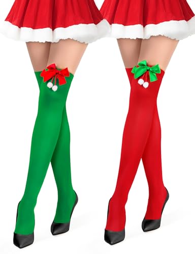 Kiiwah 2 Pares Calcetines Altos Mujer de Navidad, Medias Navideñas Elfo Calcetines Por Encima de la Rodilla para Fiesta Cosplay (Lazo)