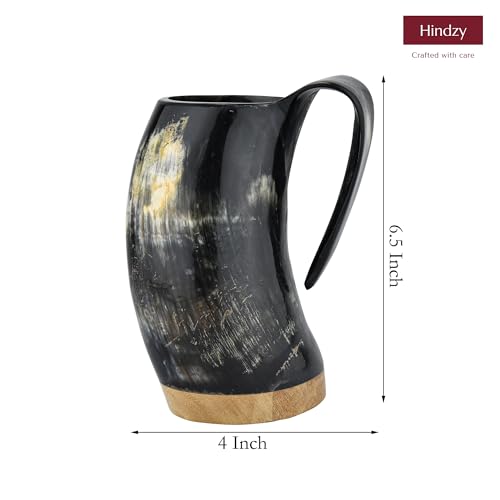 Cuerno de bebida vikingo artesanal 16oz con base de madera miniatura 3