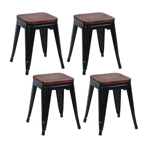 THINIA HOME Pack 4 Taburetes Bajos Industriales Apilables de Acero y Madera 38x38x46cm
