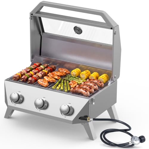 Image of Bestfire 3-Burner Tabletop Propane Gas Grill, 30,000 BTU Portable Propane BBQ Grill with Viewing Glass Lid & Thermometer, Stainless Steel Outdoor Cooking Grill for Camping, RV, Patio and Tailgating
