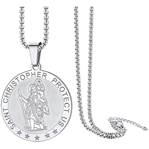 ChainsPro Saint Christopher Necklace for Men,Stainless Steel Round Faith Pendant with 22 inch Adjustble Box Chain,Silver Saint Necklace for Men Women Boy Cover