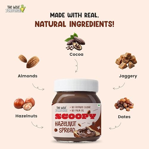 Image of The Wise Tortoise Scoopy Real Hazelnut Chocolate Spread | 100% Sweetened With Dates & Jaggery | Zero Palm Oil | No Refined Sugar | No Artificial Flavors | Clean & Healthy (500G)