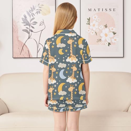 ALAZA Giraffe Starry Moon Pajamas Satin Pajama Set Short Sleeve Button Down Sleepwear4