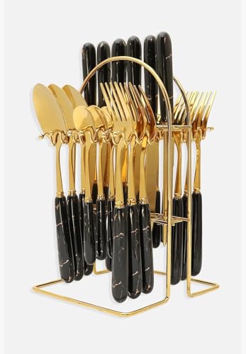 Image of Artek Stainless Steel Spoons, Forks & Knives Set of 24 with Stand and Ceramic Handle Golden Cutlery Set (Black)