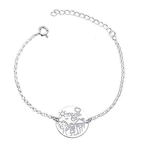 Iyé Biyé Jewels - Pulsera Mujer Chapa Redonda 18 mm día de la Madre Plata de Ley 925 Cadena Forzada 15+4 cm Ajustable