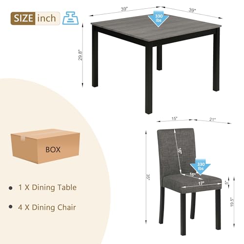 Image of KEIKI 5-Piece Standard Height Dining Table Set with Square Table and 4 Upholstered Curved Backrset Chair, for 4 Person, Modern Wooden Table Set, Easy Assembly, for Kitchen, Dining Room, Black+Gray
