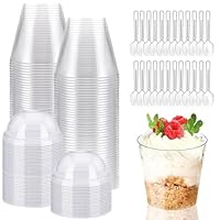KOOSREEL Dessertbecher, 50 Stück 210 ml/7oz Becher mit 50 Löffeln und deckel Mini-Tassen Dessertbecher Dessertbecher wiederverwendbar aus Kunststoff für Mousse, Tiramisu, Geburtstag, Hochzeiten