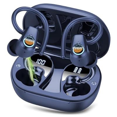 Poounur - Auriculares Inalambricos Deportivos Auriculares Bluetooth 5.3 HiFi Estéreo con HD Mic Pantalla LED 50H Cascos Inalambricos Bluetooth con Cancelacion Ruido ENC IP7 Impermeable Cascos Azul Oscuro