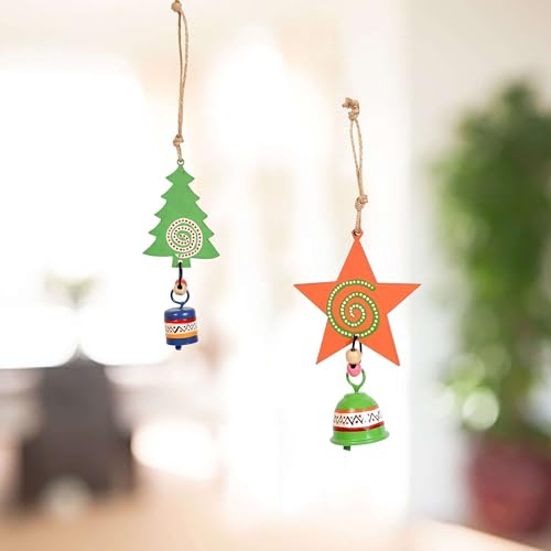 Image of Aakriti Art Creations Festive Star & Tree Wind Chime Duo | Handmade Modern Art Wooden & Metal Wind Chimes | Decorative Indoor & Outdoor Hanging for Balcony, Garden, Living Room & Gifting