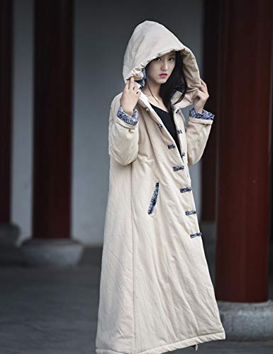 Lzjn Women's Warm Cotton Coat Hooded Contrast Color Handmade Frog Buttons Retro Witch Long Outerwear (Linen, One Size) #TOP3