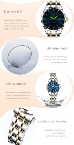 Image of OLEVS Womens Diamond Watches Automatic Mechanical Gold Luxury Dress Ladies Self Winding Original Stainless Steel Wrist Watch