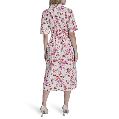 Image of DKNY Women's Short Sleeve Cotton Poplin Collared Midi Shirtdress