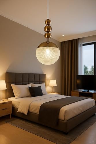 Image of Modern LED Globe Glass Textured Pendant Hanging Light with 3 Color Changing (White /Warm /Natural White) - Adjustable Hanging Ceiling Light for Bedroom, Living Room & Dining