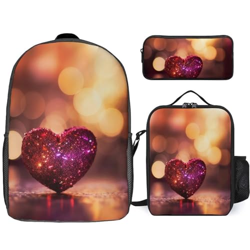3 Piece Backpack for Women Men Lightweight Causal Daypack Shoulder Bag Set with Insulated Lunch Bag And Pencil Case Organizers Shining Heart