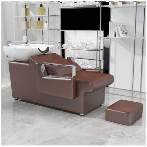 Chaise De Lavage pour Shampoing, Station De Lavage De Cheveux À Contre-Courant avec Large Repose-Pieds Et Bol en Céramique pour Salon De Barbier, Équipement De Coiffure,Marron,B
