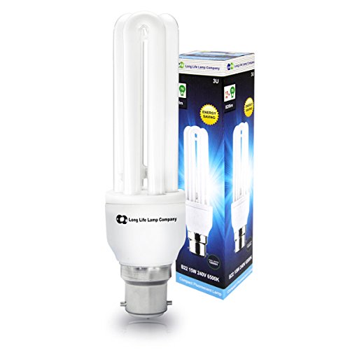 Long Life Lamp Company 2 x Energy Saving 15W B22 Bayonet CFL Light Bulbs, 6500K Cool White 3U