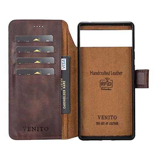 Venito Florence-Flex RFID Blocking Leather Wallet Case Compatible with Google Pixel 6 - Non-Magnet Slide in Detachable Wallet Case - Antique Brown (Coffee Brown)