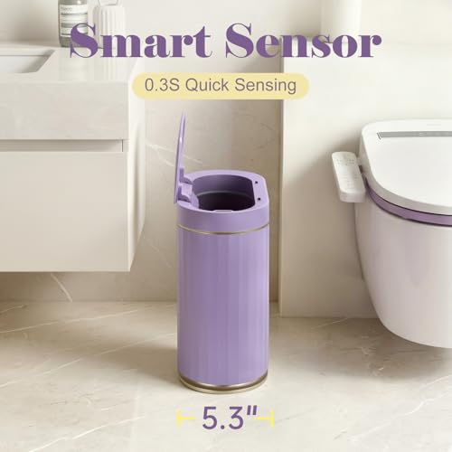 Image of ELPHECO Bathroom Sensor Trash Can - 2 Gallon Automatic Garbage Can, IPX5 Waterproof Bathroom Trash Bin, Slim Garbage Can for Bathroom, Office, Bedroom, Living Room, Purple