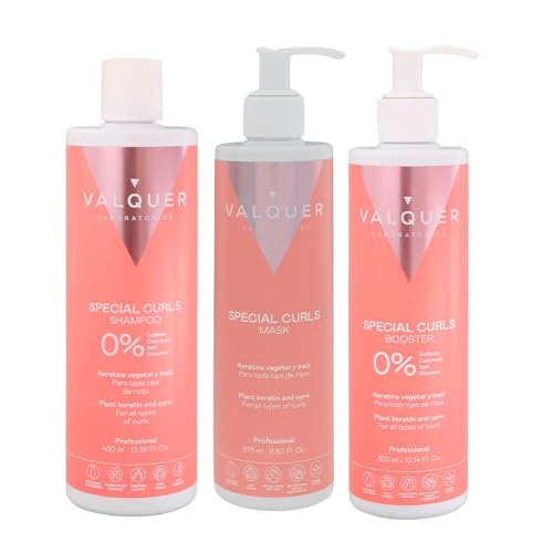 Valquer Pack Especial Rizos Champú 400ml, Mascarilla 275ml y Booster Activador 300ml. Tratamiento del Cabello Rizado Método Curly Rizos Definidos. Hidrata y Suaviza con Keratina Vegetal y Maíz. Vegano