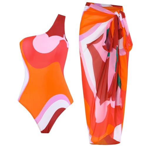 Women One-Piece Swimsuit with Cover up Sarong Wrap Skirt 2PCS Floral Bathing Suits Summer Holiday Beachwear