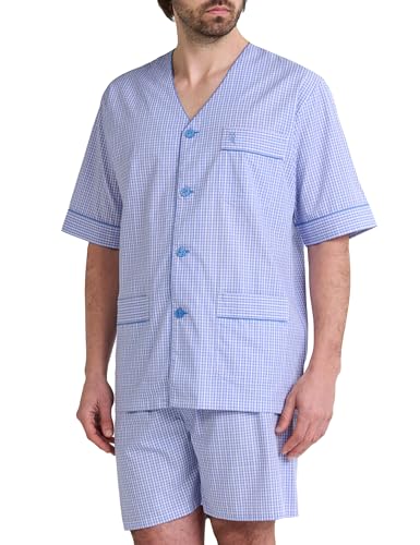 El Búho Nocturno Mens Pajama Set Short Sleeve Summer Cotton Poplin Woven Checkered Pajama Set for Men, 100% Cotton, Blue 4544, L