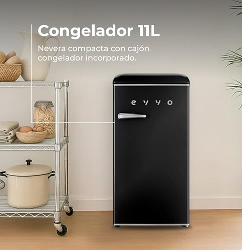 Miniatura 3 de Evvo Nevera Pequeña Retro, 84 Litros De Capacidad 11 Litros De Congelador, Diseño Vintage, Bajo Consumo, Silenciosa, Control De Temperatura, Organizador, Frigorífico Mini F26 Retro Color Negro