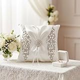 lulucrafded Luxury Wedding Ring Pillow with Rhinestone-Encrusted Cover, Elegant Satin Ring Bearer Pillow for Wedding Ceremony, Anniversary, Proposal - Ivory White (White)