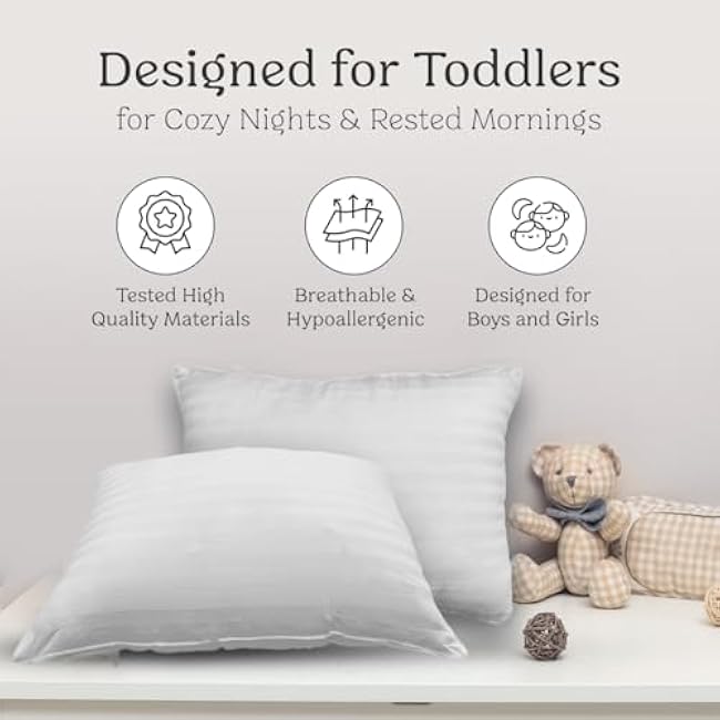 Toddler Pillow and Pillowcase 13x18 inches, Organic Cotton - Perfect for Toddlers 2-5 Years - Ideal for Toddler Travel Bed, Toddler Bedding Set, Kids Travel Pillow and Machine Washable