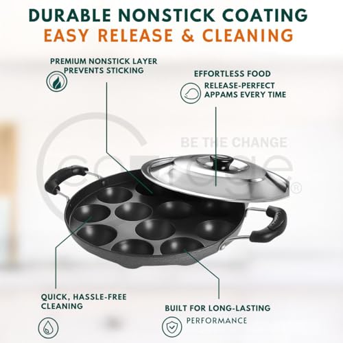 Image of Courage Non-Stick Appam Pan with 12 Cavities & Stainless Steel Lid | Appam Pan with Double Handle | Appam Maker | Litti Pan | Appam Pan | Dishwasher Safe (1, Black)