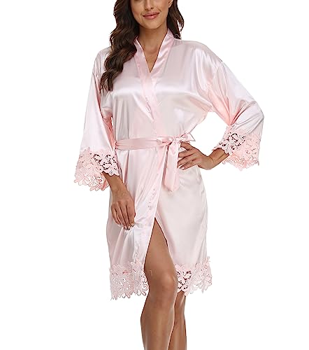Crystal Dew Women\'s Lace Trim Bride Kimono Robes with Embroidery Bridal Silky Satin Bathrobe Wedding Party Sleepwear, bridesmaid, pink