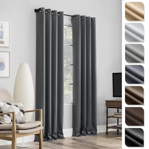 Rideaux occultant gris 210x265 cm en polyester satiné opaque à oeillets - 2