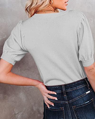 Image of Womens Puff Short Sleeve Sweater Tops Crewneck Basic Knit Pullover Lightweight Casual Sweaters
