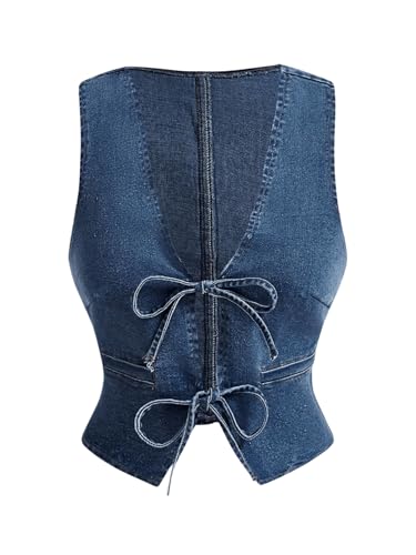OYOANGLE Women's Tie Front Denim Vests Deep V Neck Sleeveless Asymmetrical Hem Slim Fit Crop Tank Tops