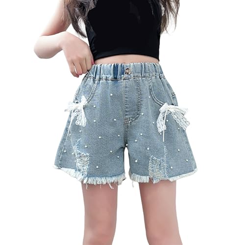 Compra Online Pantalones Cortos Vaqueros para Niñas Shorts de Mezclilla Cintura Elástica Bermudas de Verano Ajuste Holgado Transpirable Color Sólido Moda Pantalon Vaqueros Rotos con Bolsillos