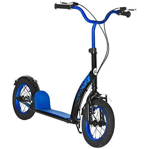 HOMCOM Trottinette patinette pour Enfants Hauteur réglable Grandes Roues gonflables Ø30 cm Frein AV-AR Garde-Boue béquille métal - Bleu