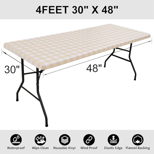 Smiry Rectangle Picnic Table Cloth, Elastic Waterproof Fitted Vinyl Tablecloths, Flannel Backed Buffalo Plaid Table Covers for Dining, Camping, Outdoor (White and Beige, 30" x 48") by Smiry - Used condition - Image 7