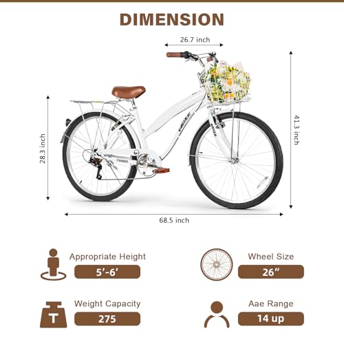 Image of WEIZE Beach Cruiser Bike, 26 inch Commuter Bicycle for Adult Men and Women, 7-Speed /High-Carbon Steel /Front & Rear Fenders, Comfortable City Bikes with Rear Rack&Basket, Ergonomic Upright Design,White
