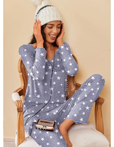 Image of Ekouaer Womens 2 Pack Pajama Set Long Sleeve Pajamas Top and Pants V Neck Pjs Set Soft Sleepwear Loungewear