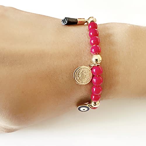 LESLIE BOULES Saint Benedict Red Glass Beads Bracelet Genuine Azabache and Blue Evil Eye Handmade Jewelry3