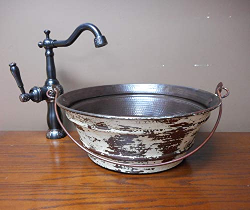 Simplycopper 15" Round Cottage Chic Copper Vessel Bucket Bathroom Sink With Distressed Antique White Exterior #TOP2