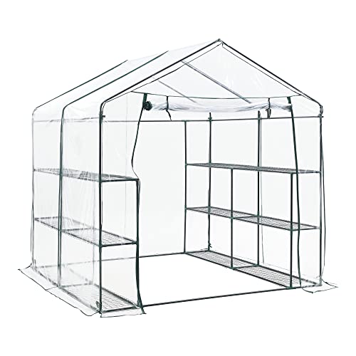 Descrizione: - struttura ideale per coltivare piante e fiori in ogni stagione - dotato di 2 scaffalature a 3 ripiani cadauna - apertura e chiusura dell'entrata con cerniera lampo - ampia porta di accesso - a forma di casetta garantisce il corretto deflusso dell'acqua piovana - la copertura trasparente assicura il passaggio della luce