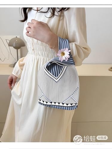 Image of Knot Bag, Mini Knit Tote Bag, Extra Thickened Japanese Knot Bag, Wristlet Handbag, Aesthetic Crochet - 2Pcs Blue Floral & Black & White Floral(Very Small)