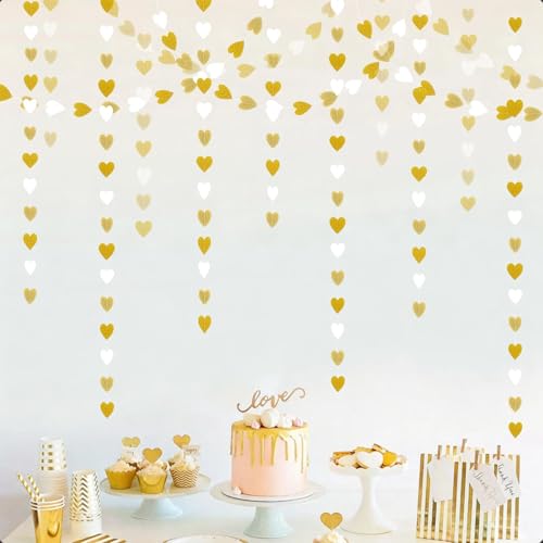 Image of White-Gold Champagne Party-Decorations Graduation Heart Garland Streamers - 39Ft Bachelorette Engagement Hanging Paper Banner, Bridal Baby Shower Wedding Birthday Decor Party Supplies