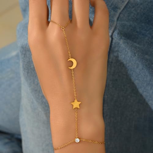 Hand Chain Bracelet for Women 18K Gold Plated Pearl Beaded Moon Star Cubic Zirconia Ring Bracelet Hand Chain Trendy Body Jewlery Gifts4