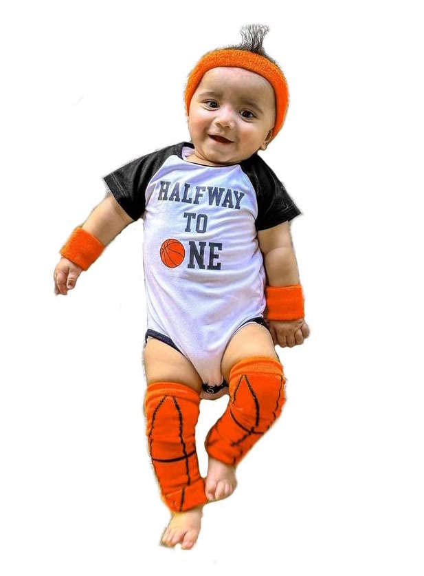 Personalized Half Way To One 6 Month Basketball Half Birthday Bodysuit Outfit Set