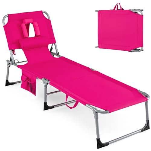 Goplus Tanning Chair, Folding Adjustable Patio Lounge Chair with Face Hole, Removable Pillow, 330LBS, Carry Strap, Outdoor Sunbathing Chair, Lightweight Portable Beach Lounge Chair, No Assembly